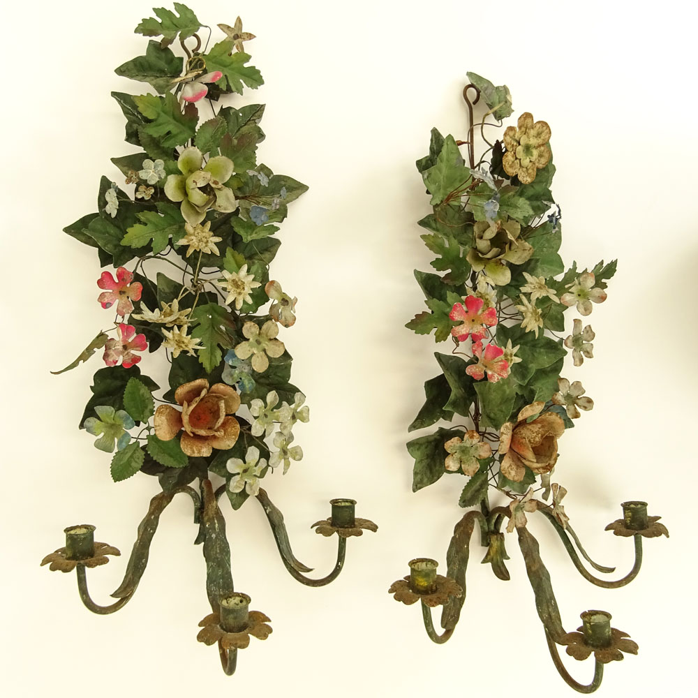 Pair of Vintage Italian Painted Toleware Floral Sconces