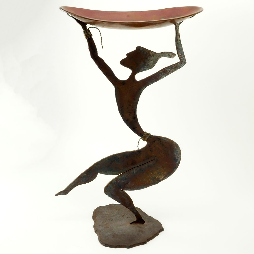 Vintage Signed Iron Sculpture of a Nude Dancer  Holding a Brass Tray.