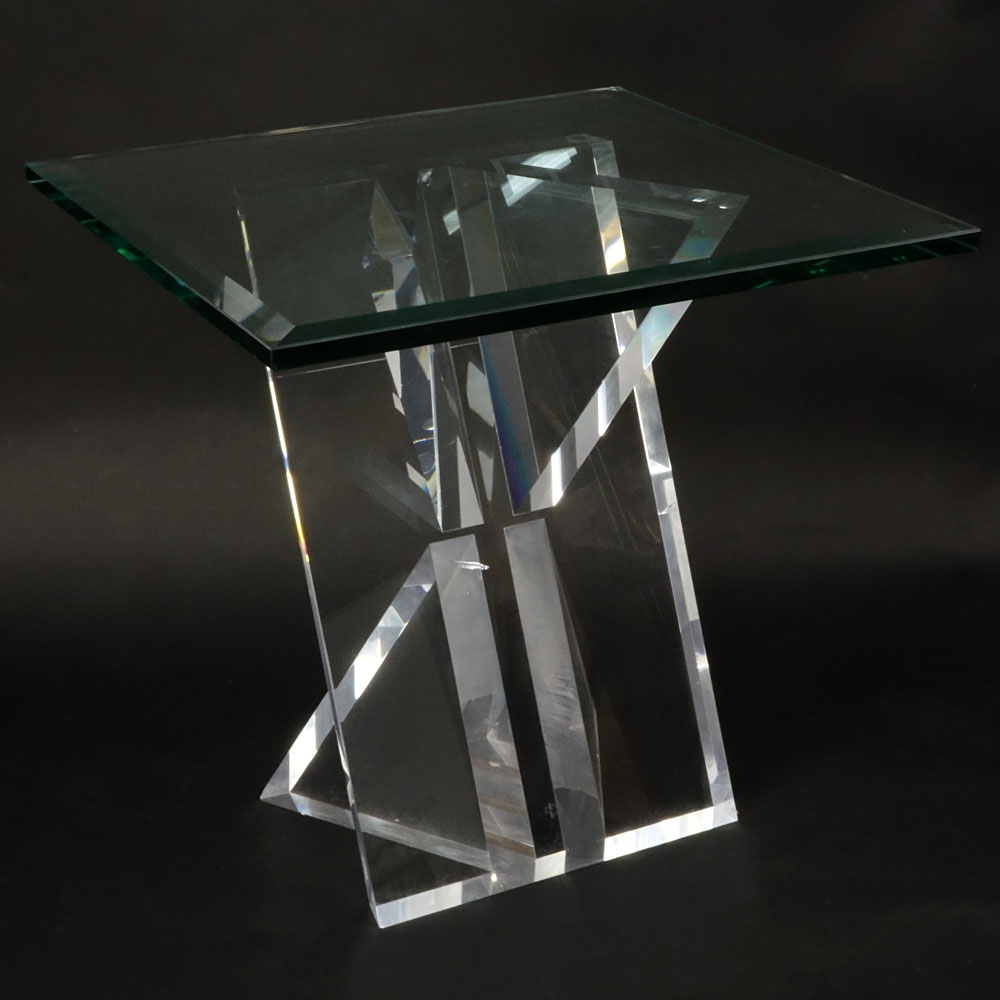 Modern Geometric Lucite End Table with Beveled Glass Top.