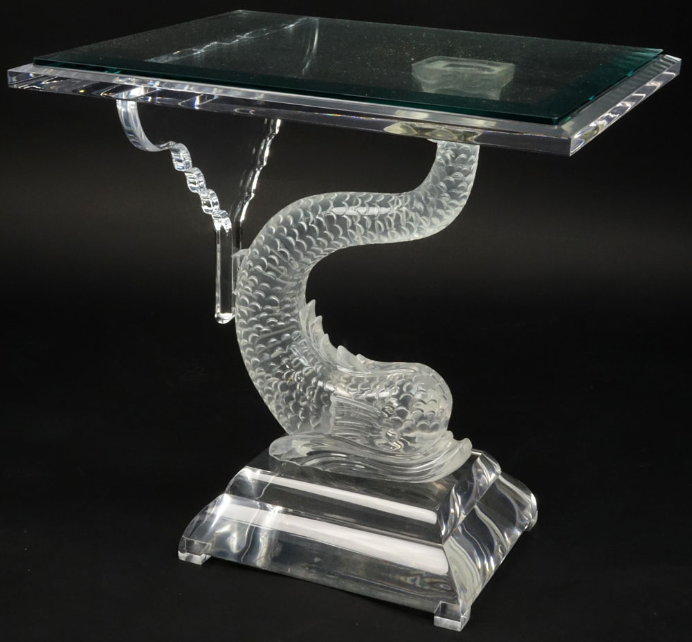 Modern Lucite Dolphin End Table with Beveled Glass Top.