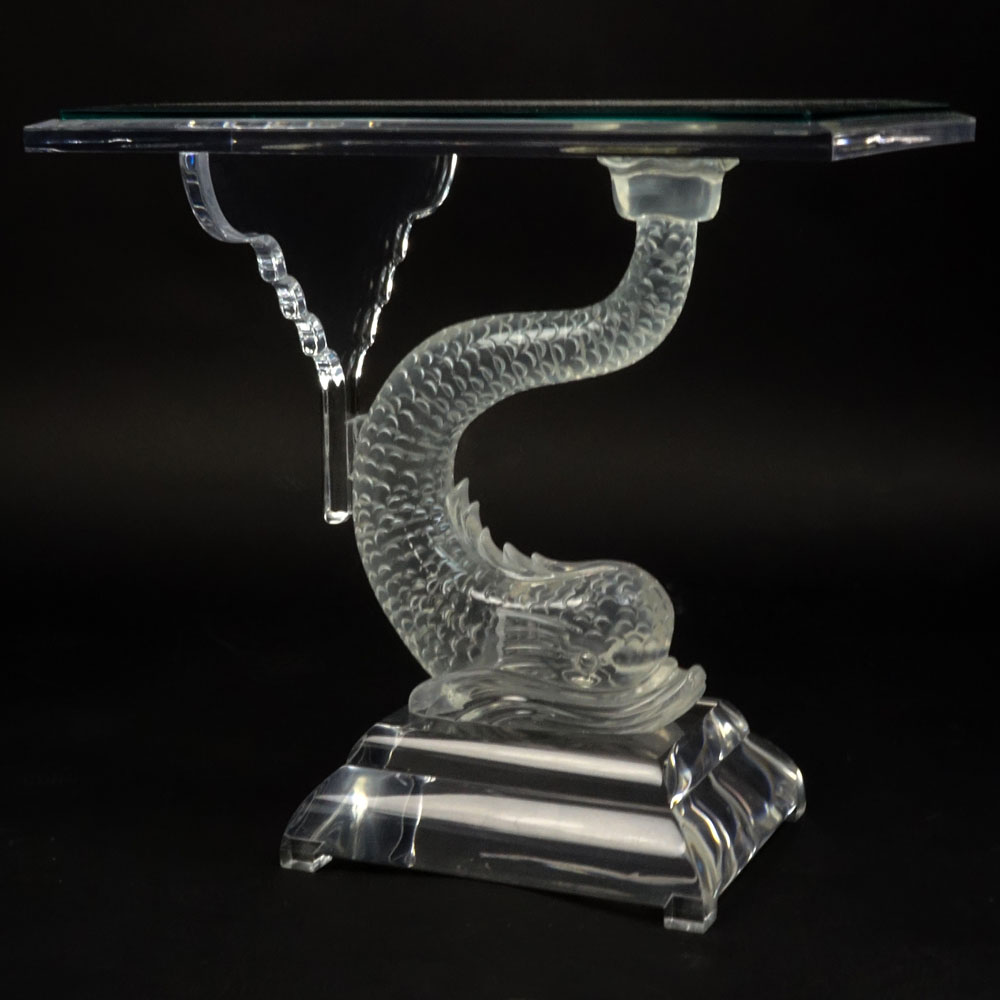 Modern Lucite Dolphin End Table with Beveled Glass Top.