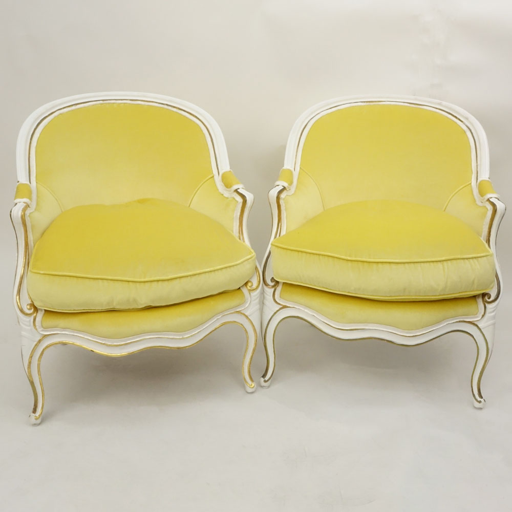 19/20th Century French Louis XV Style Jaune (yellow) Velvet Upholstered Bergeres