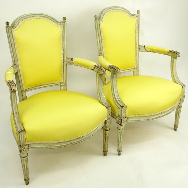 Pair of Late 18th Century Louis XVI Juane (yellow) Silk Upholstered Cabriolet Fauteuils