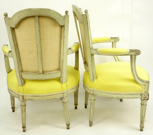 Pair of Late 18th Century Louis XVI Juane (yellow) Silk Upholstered Cabriolet Fauteuils