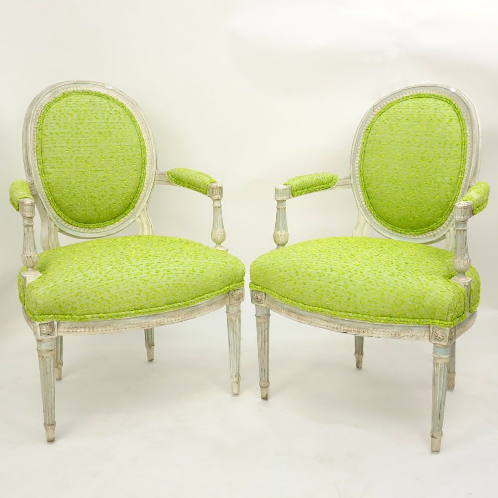Pair of Late 18th Century Louis XVI Green Upholstered Cabriolet Fauteuils