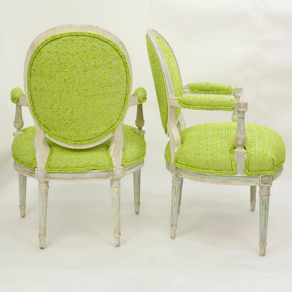 Pair of Late 18th Century Louis XVI Green Upholstered Cabriolet Fauteuils
