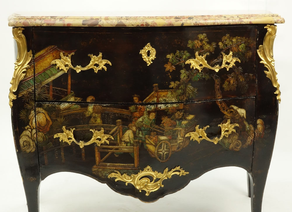 19th Century Louis XV  Bronze Mounted Lacquered Two Drawer Marble Top Commode.