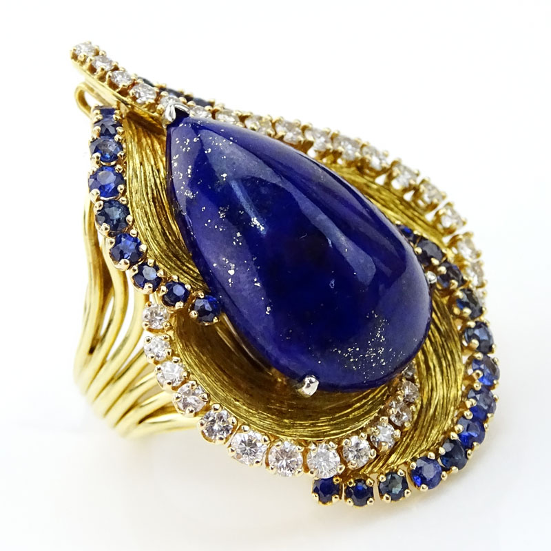 Large Vintage Pear Shape Cabochon Lapis Lazuli, Yellow Gold Ring/Pendant.