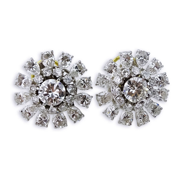 Exceptional Quality Pair of Approx. 16.40 Carat TW Round Brilliant and Pear Shape Diamond, Platinum and 18 Karat Yellow Gold Earrings