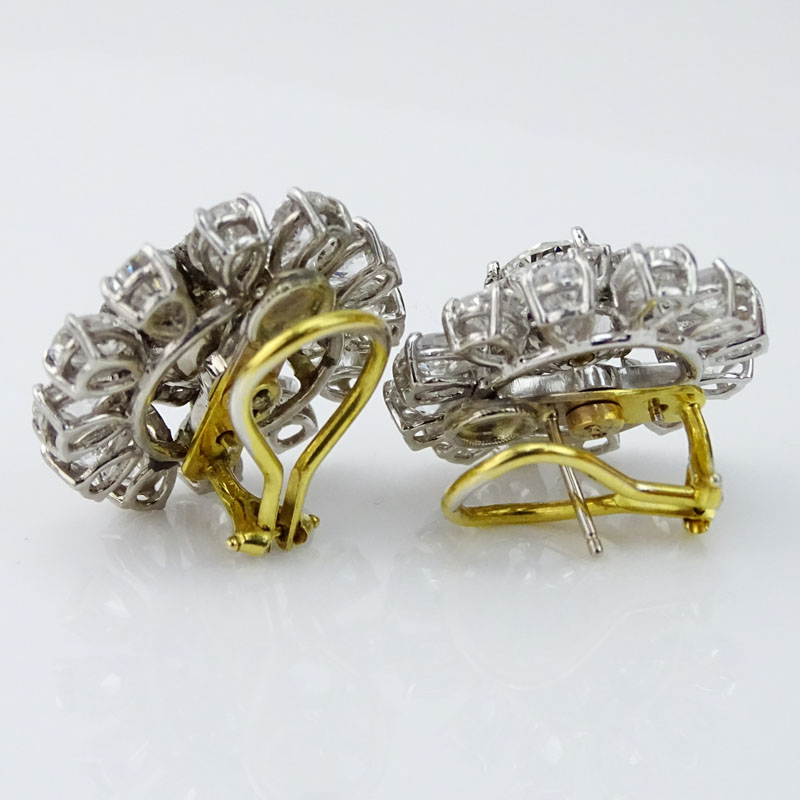 Exceptional Quality Pair of Approx. 16.40 Carat TW Round Brilliant and Pear Shape Diamond, Platinum and 18 Karat Yellow Gold Earrings