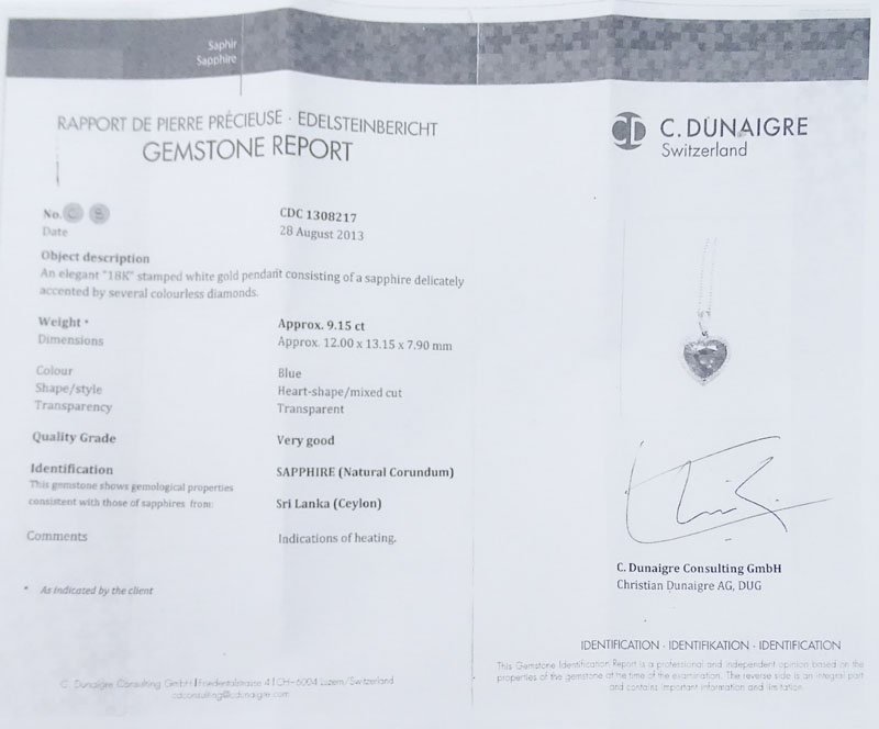 C. Dunaigre, Switzerland Certified Approx. 9.15 Carat Heart Shape Ceylon Sapphire, Diamond and 18 Karat White Gold Pendant Necklace