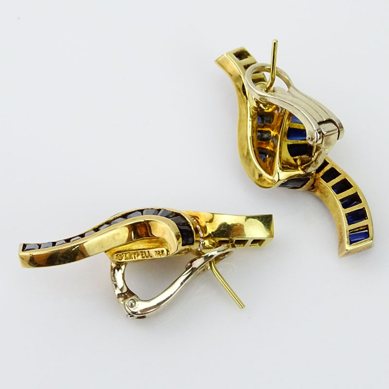 Charles Krypell Sapphire, Diamond and 18 Karat Yellow Gold Three Dimensional Scroll  Earrings