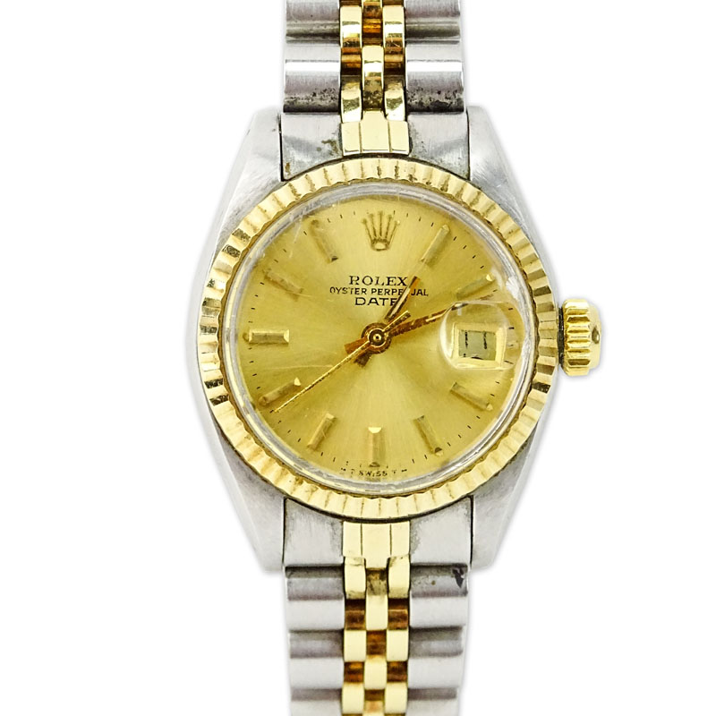 Lady's Circa 1979 Rolex Oyster Perpetual Date Stainless Steel and 14 Karat Yellow Gold Watch