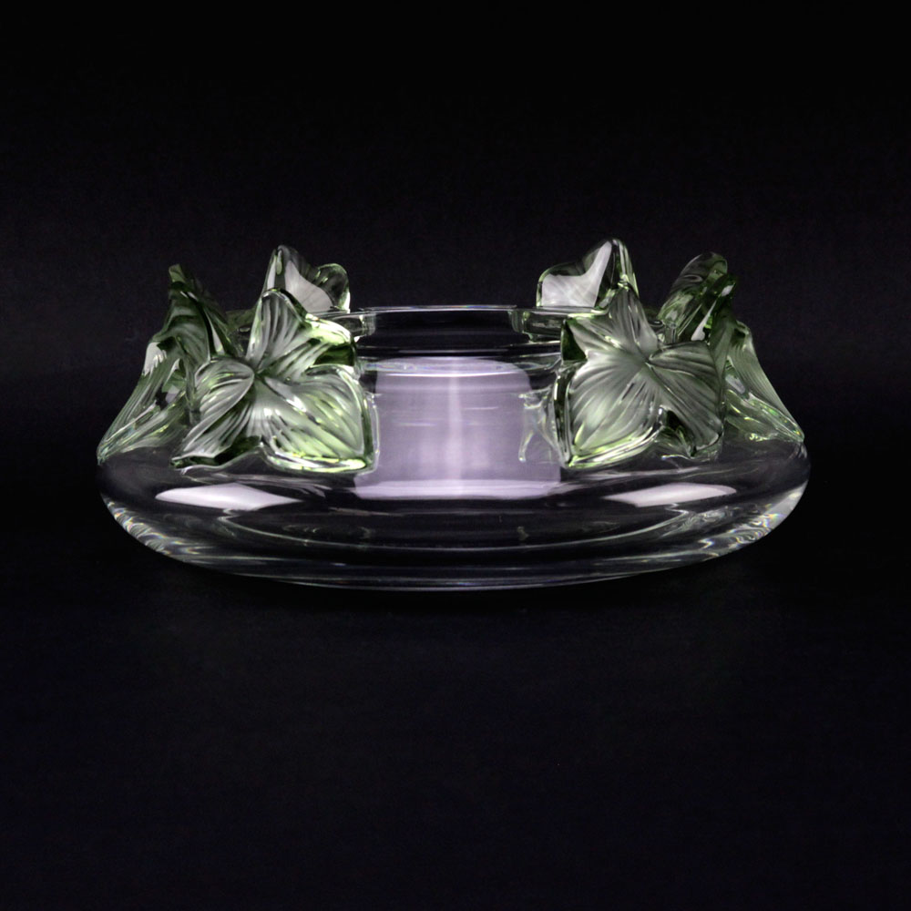 Lalique France "Lierre" Crystal Vase with Mock Green Tinted Leaves. 