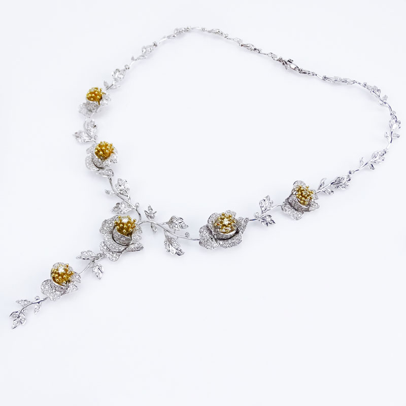 6.78 Carat Round Brilliant Cut Diamond and 18 Karat White and Yellow Gold Flower Necklace.