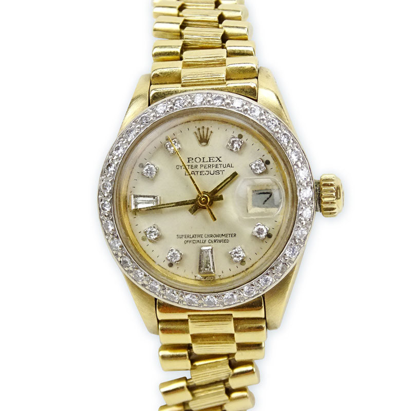 Lady's Vintage Rolex 18 Karat Yellow Gold Oyster Perpetual Datejust with Diamond Bezel and Hour Markers
