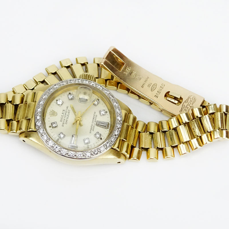 Lady's Vintage Rolex 18 Karat Yellow Gold Oyster Perpetual Datejust with Diamond Bezel and Hour Markers