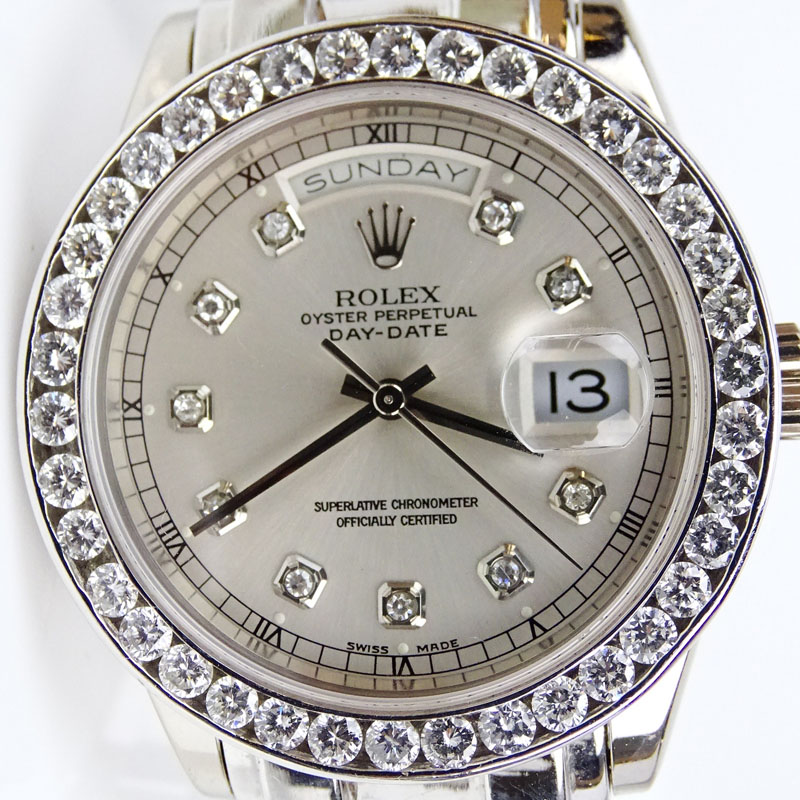 Men's 18 Karat White Gold Rolex Oyster Perpetual Day- Date with Diamond Bezel and Hour Markers