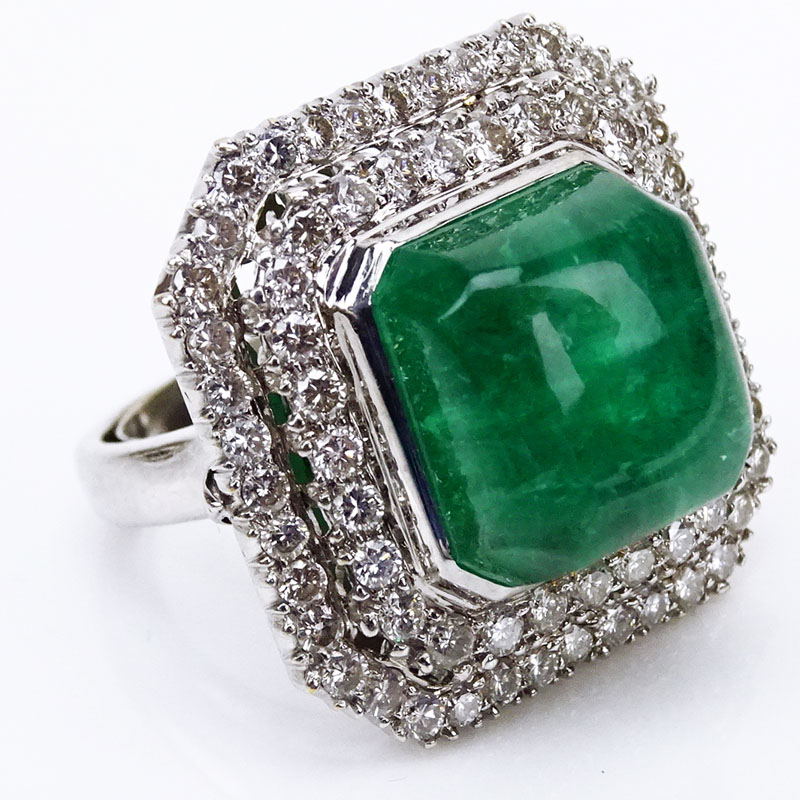 Lady's Large Sugarloaf Cabochon Emerald, Diamond and 14 Karat White Gold Ring