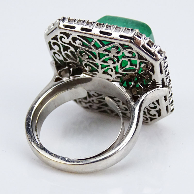 Lady's Large Sugarloaf Cabochon Emerald, Diamond and 14 Karat White Gold Ring