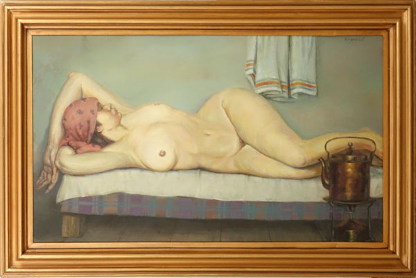 20th Century Russian Social Realism Oil on Canvas, Reclining Nude