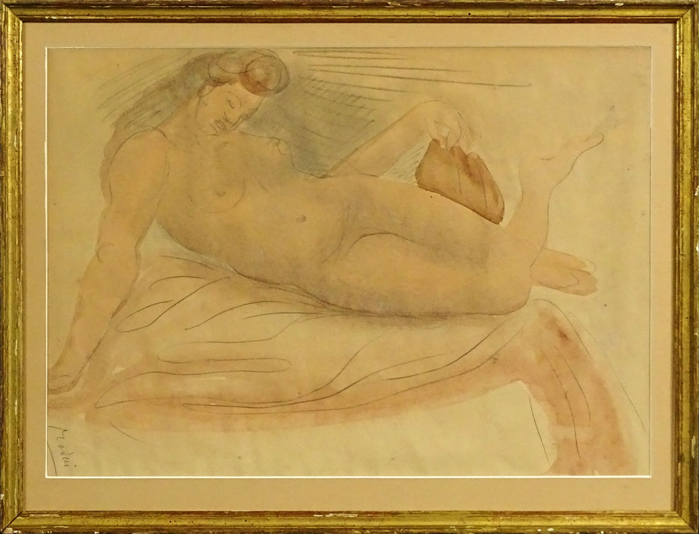 Attributed to: Auguste Rodin (1840-1917) Watercolor and pencil "Reclining Nude" Signed lower left