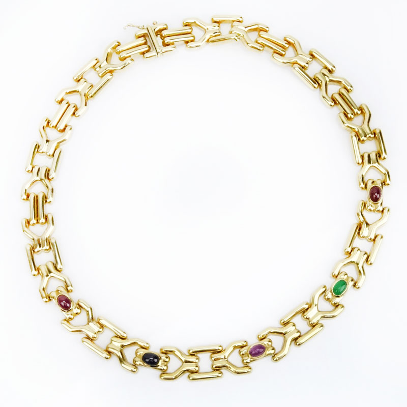 Vintage 14 Karat Yellow Gold Necklace accented with Cabochon Emerald, Ruby, Sapphire and Amethyst