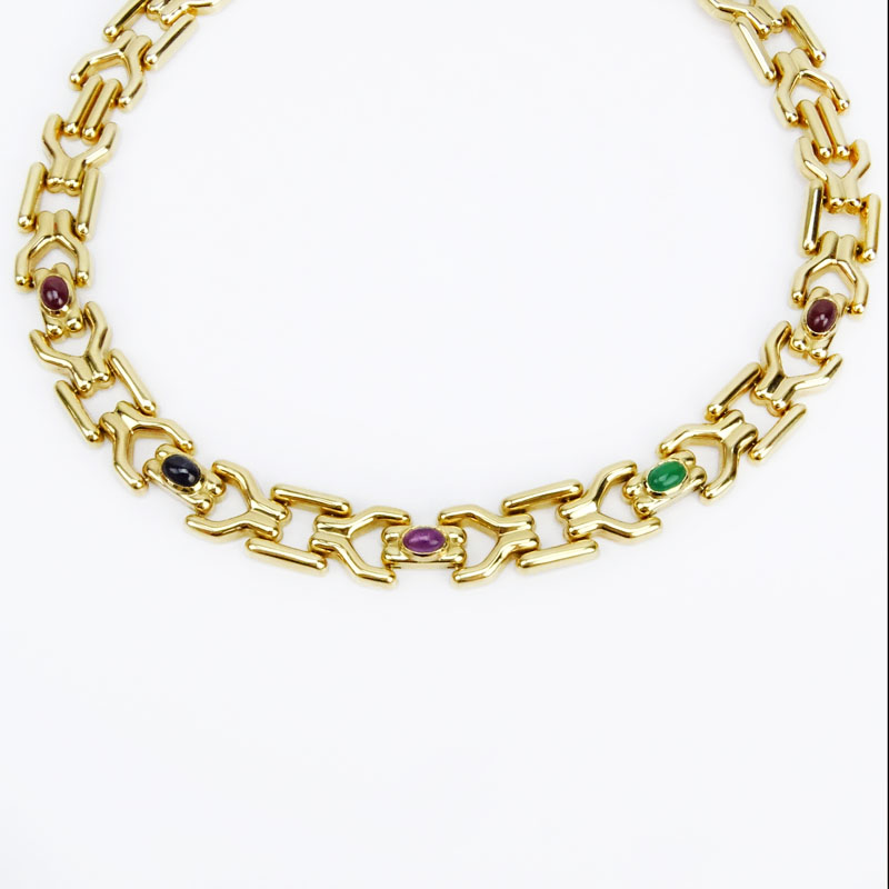 Vintage 14 Karat Yellow Gold Necklace accented with Cabochon Emerald, Ruby, Sapphire and Amethyst