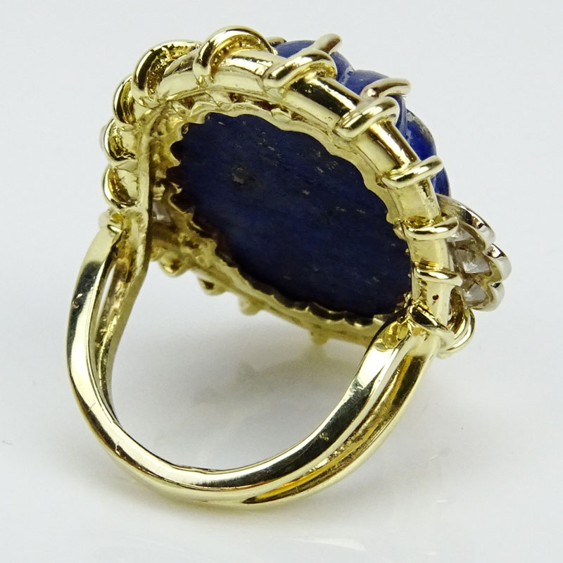 1.20 Carat Round Brilliant Cut Diamond, 14 Karat Yellow Gold and Carved Lapis Lazuli Ring. 