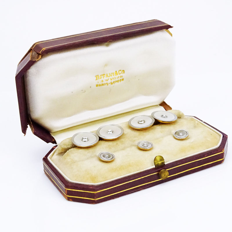 Man's Vintage Diamond, Platinum, Mother of Pearl and 14 Karat Yellow Gold Dress Shirt Set Including Cuff Links and Shirt Studs in Tiffany & Co Box