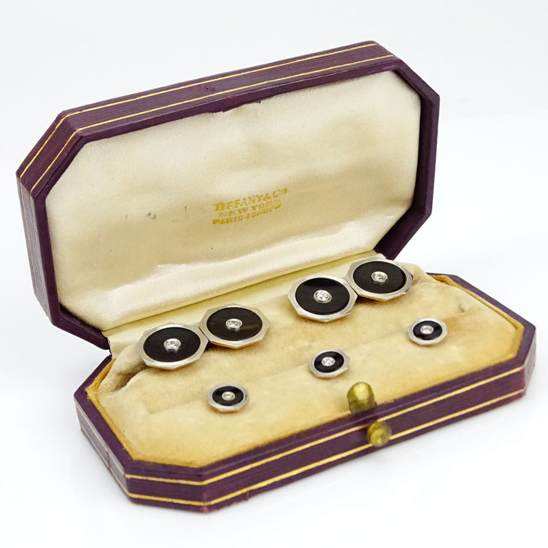 Man's Vintage Diamond, 14 Karat Yellow and White Gold and Onyx Dress Shirt Set Including Cuff Links and Shirt Studs in Tiffany & Co Box