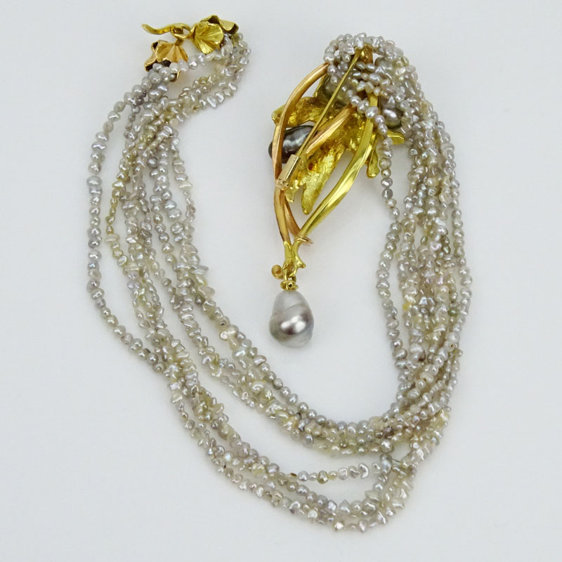 Art Nouveau Natural Grey Pearl, 18 Karat Yellow and Rose Gold Brooch with Seed Pearl Necklace
