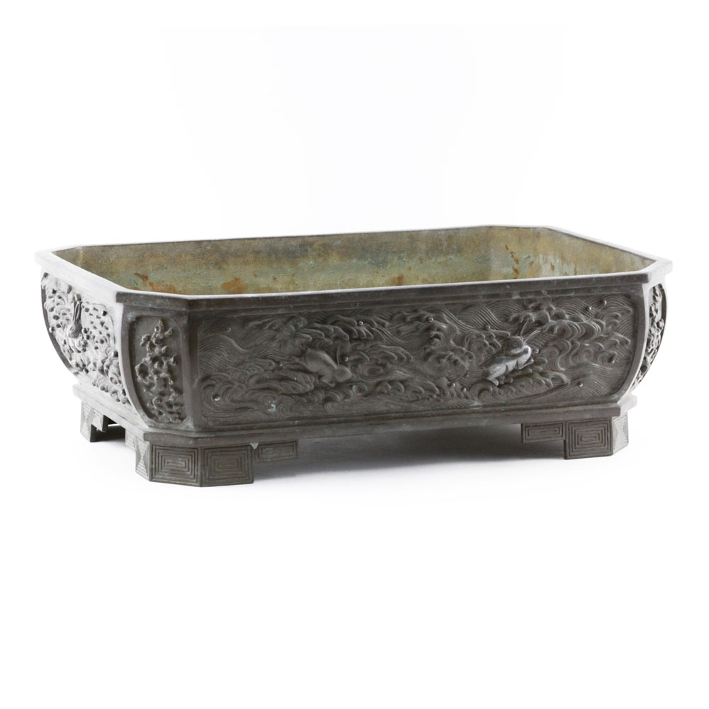 19/20th Century Chinese Patinated Bronze Planter with High Relief Scene