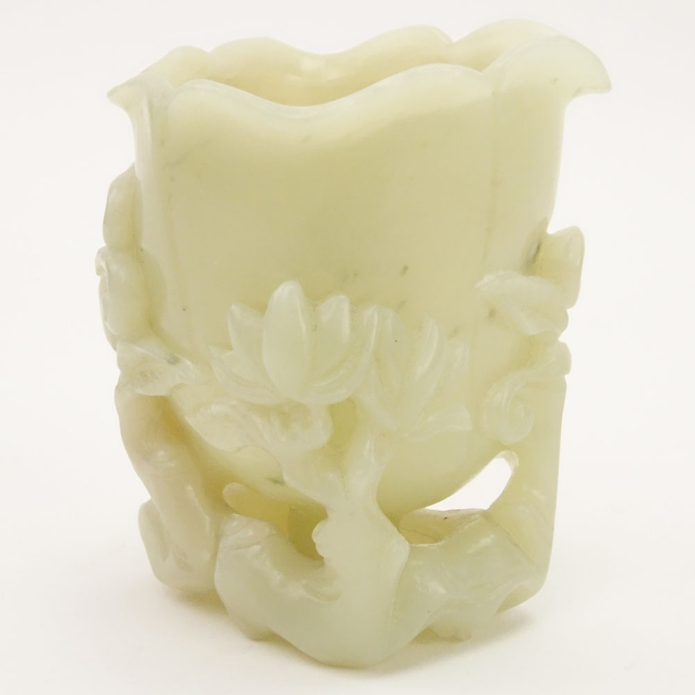 Early 20th Century Chinese Carved Celadon Jade Brush washer