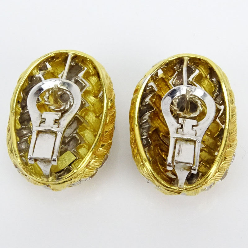 Vintage 18 Karat Yellow and White Gold Basket Weave Earrings