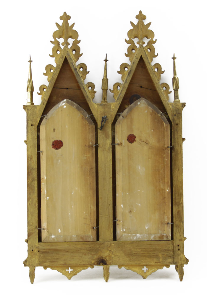 19th Century Italian School Hand Painted Religious Icons in Giltwood Gothic style Architectural Frame