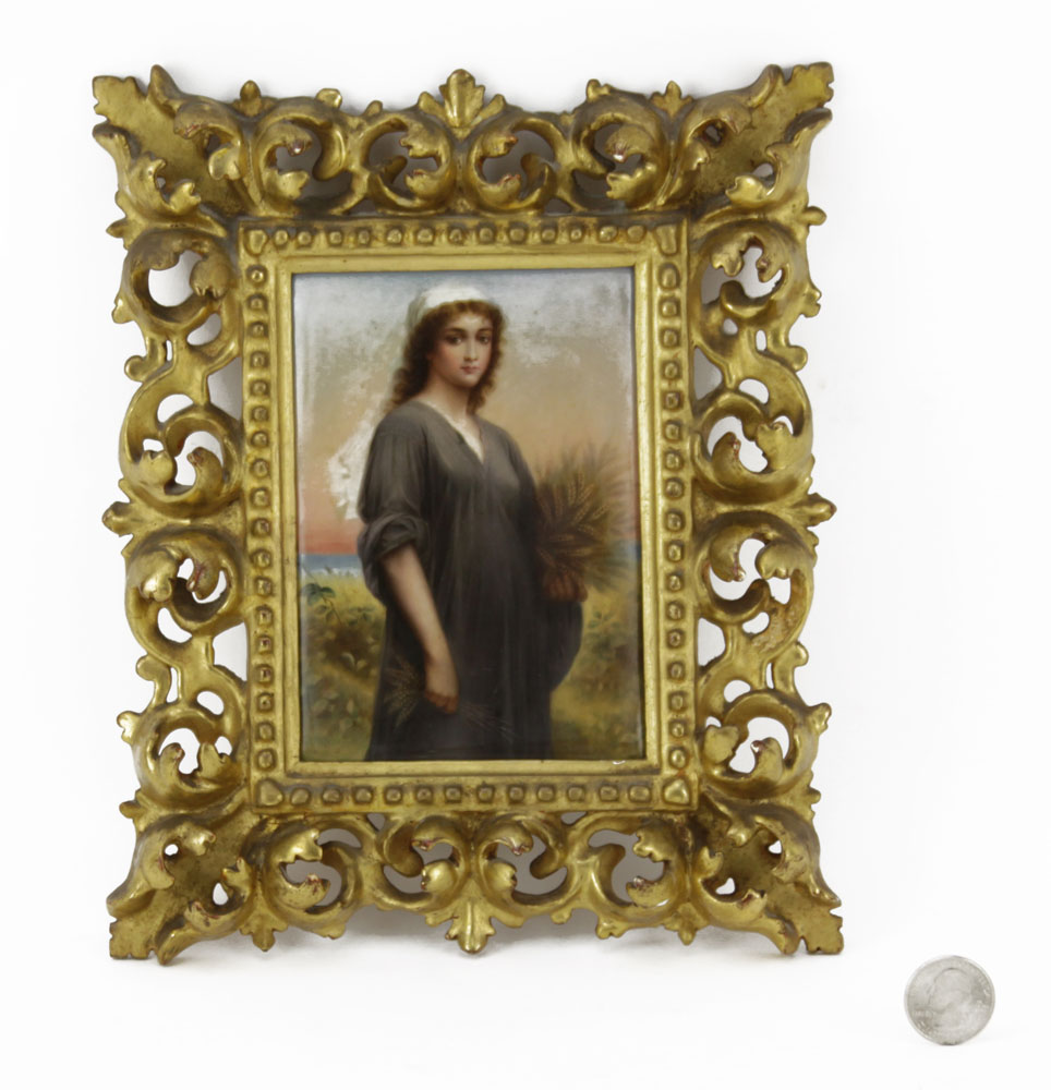 19th Century Hand Painted Miniature German Porcelain Plaque, "Ruth" in Gilt Florentine Frame