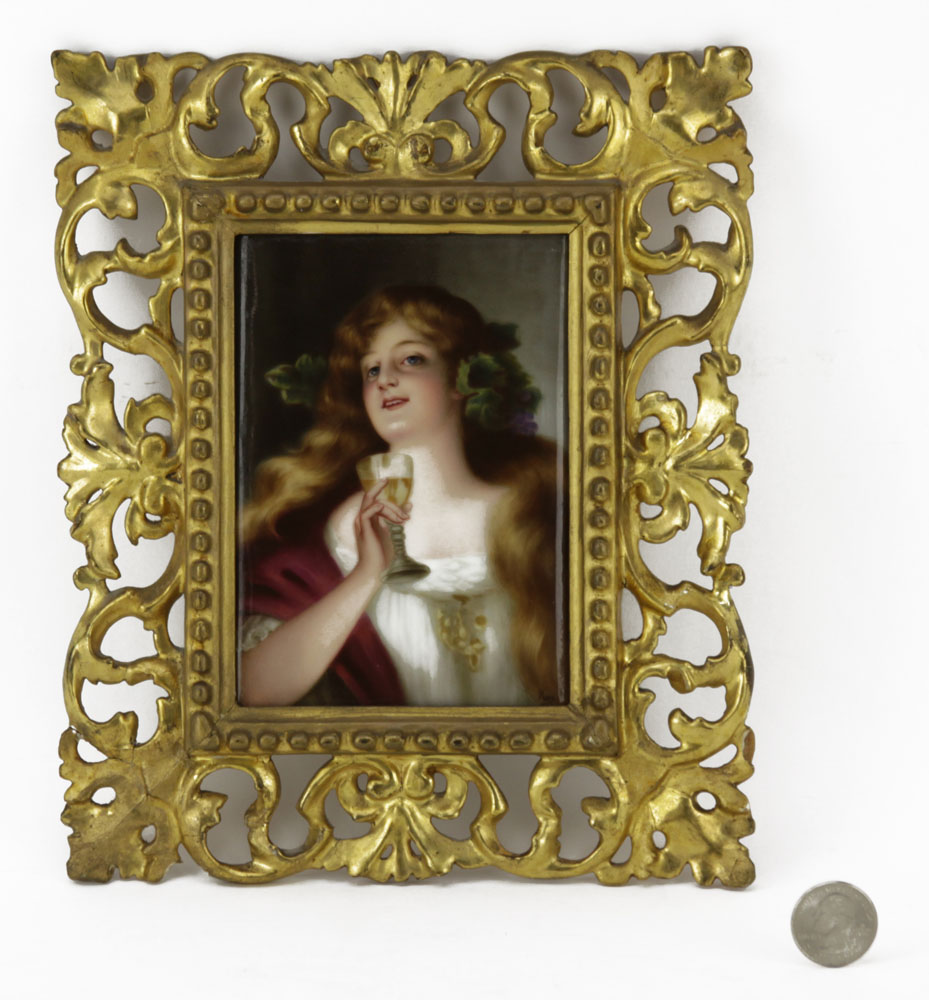 19/20th Century German Hutschenreuther KPM Hand Painted Portrait Plaque in Florentine Frame