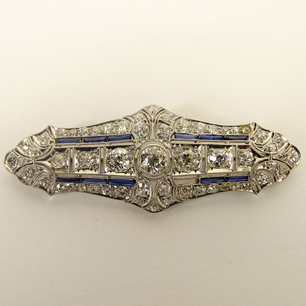 Art Deco Approx. 2.5 Carat Old European Cut Diamond, Sapphire and Platinum Bar Brooch.