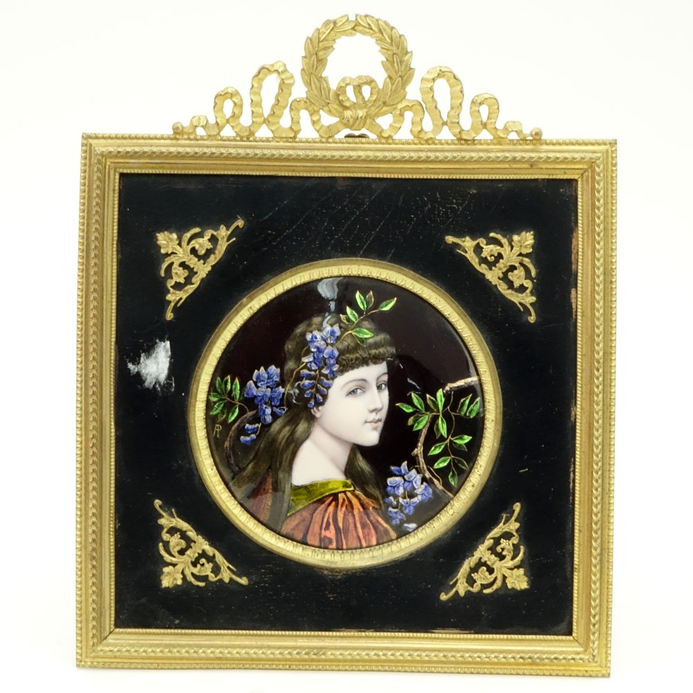 Antique French Enamel on Copper Miniature Portrait in Gilt Metal Frame