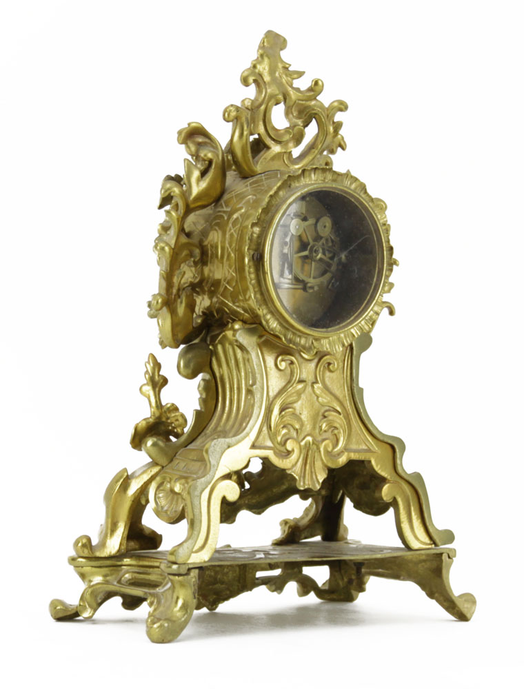 19/20th Century French Desorcy a Paris Rococo style Gilt Bronze Bracket Clock with Porcelain Dial and Figure of Pan to base