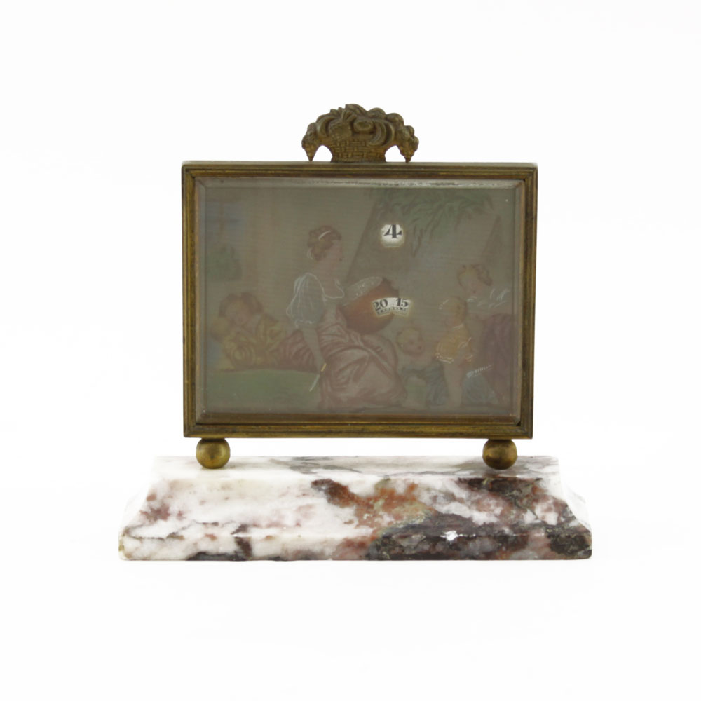 Early 20th Century Swiss La Lecon Gilt Bronze Mounted Clock on Marble Base with Painted Miniature