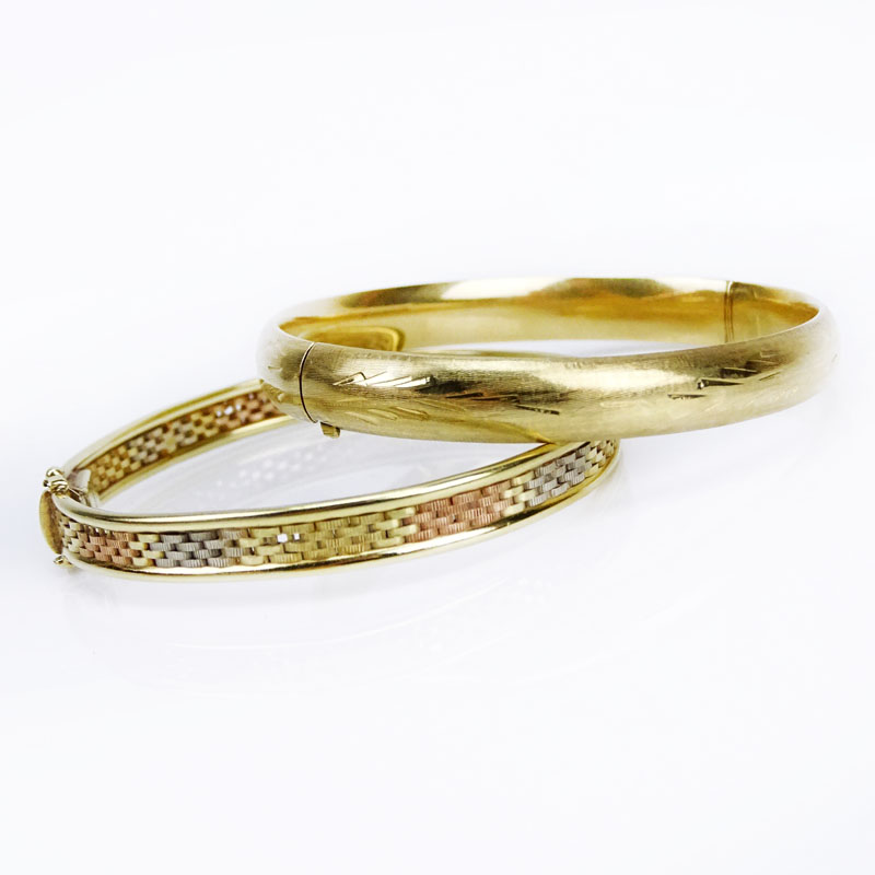 Two (2) Vintage 14 Karat Gold Bangle Bracelets, one Tri-color Gold, one Yellow Gold