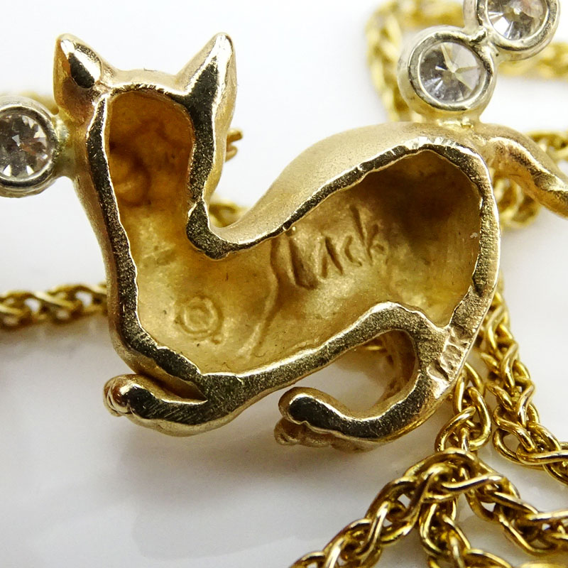 1.30 Carat Round Brilliant Cut Diamond and 14 Karat Yellow Gold Cat Necklace.