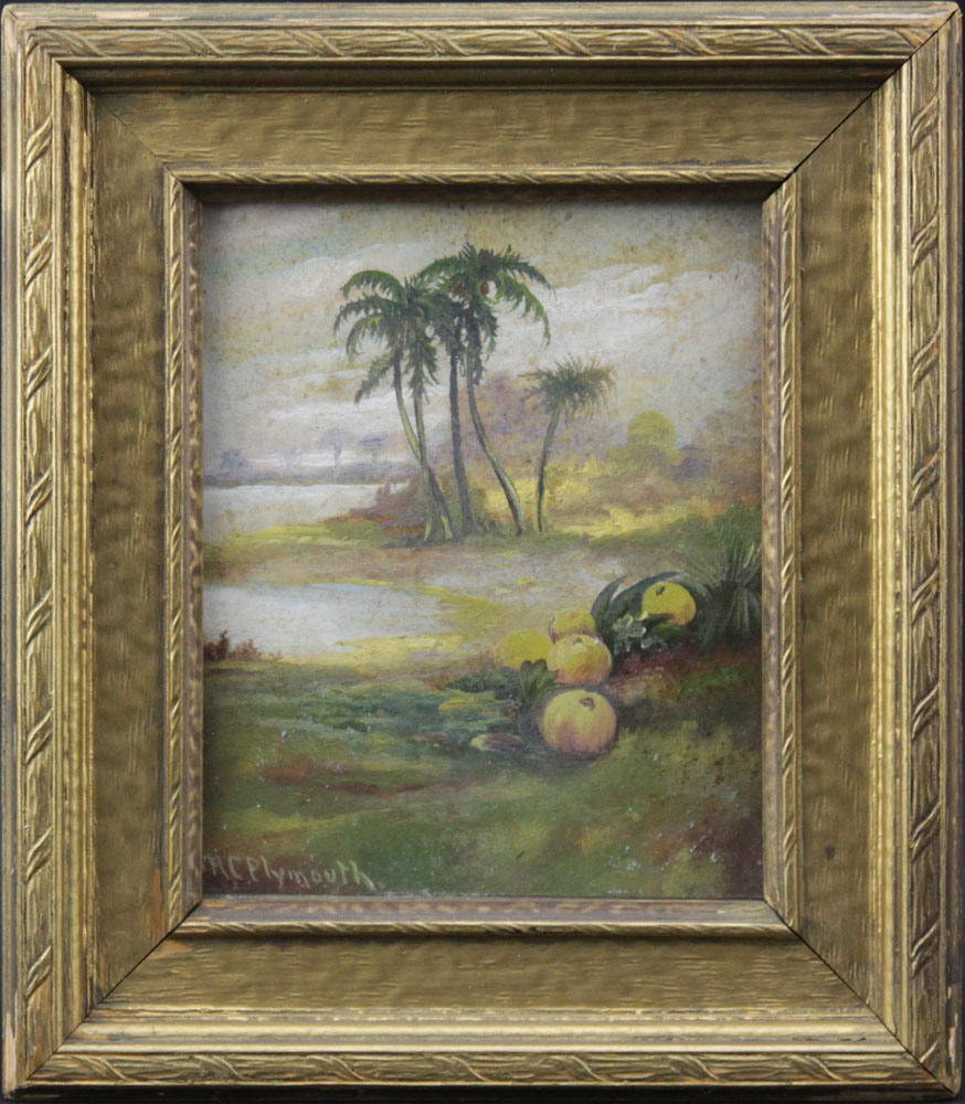 Late 19th Century Oil on Paper Tropical Landscape Scene Signed H.C. Plymouth Lower Right.