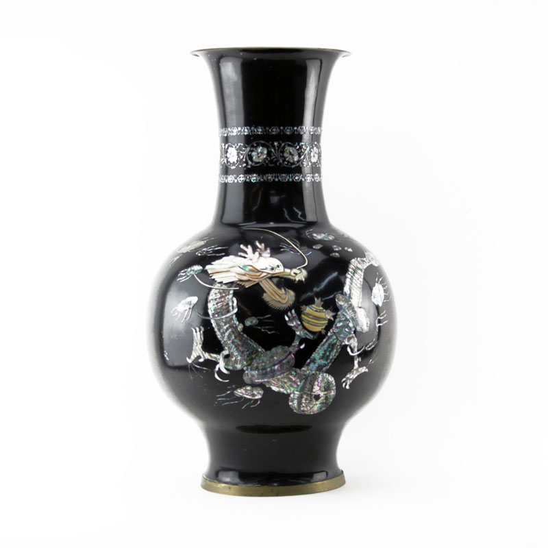 Vintage Oriental Black Lacquered Mother of Pearl and Abalone Shell Vase