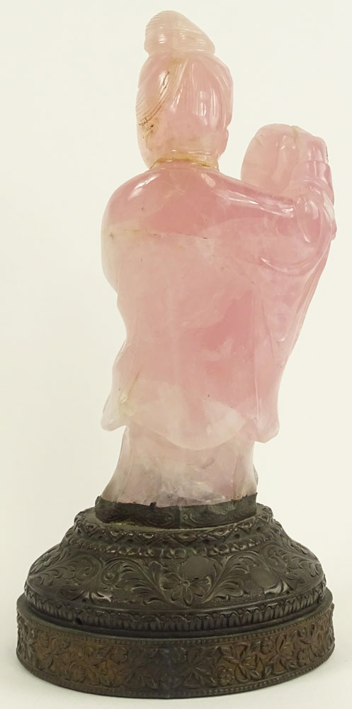 Antique Chinese Carved Rose Quartz Figurine on Brass Base