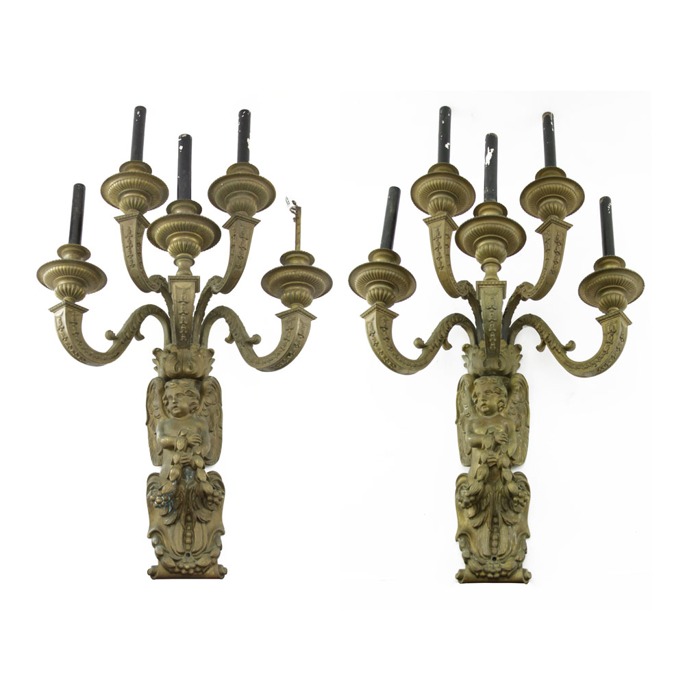 Large and Heavy Pair of Early 20th Century Cast Bronze Five (5) Light Wall Sconces with Figural Cherub Bracket Base