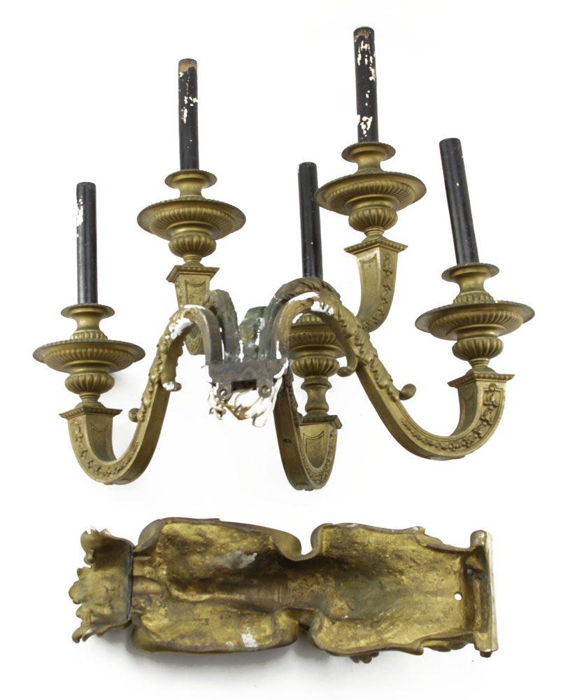 Large and Heavy Pair of Early 20th Century Cast Bronze Five (5) Light Wall Sconces with Figural Cherub Bracket Base