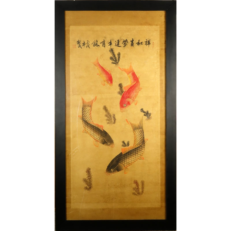 Very Large Chinese Watercolor On Early Hand Made Paper "KOI"